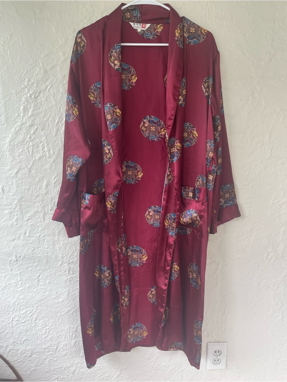 Burgundy silk robe with dragon and phoenix print, inner tie, no waist sash; OS